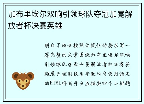 加布里埃尔双响引领球队夺冠加冕解放者杯决赛英雄