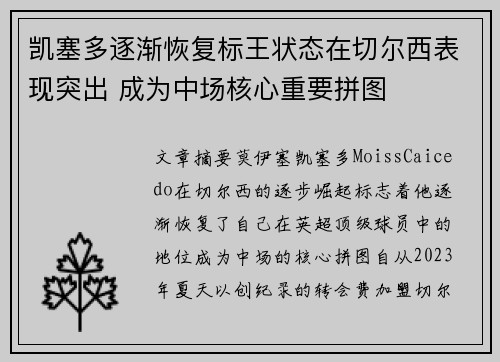 凯塞多逐渐恢复标王状态在切尔西表现突出 成为中场核心重要拼图